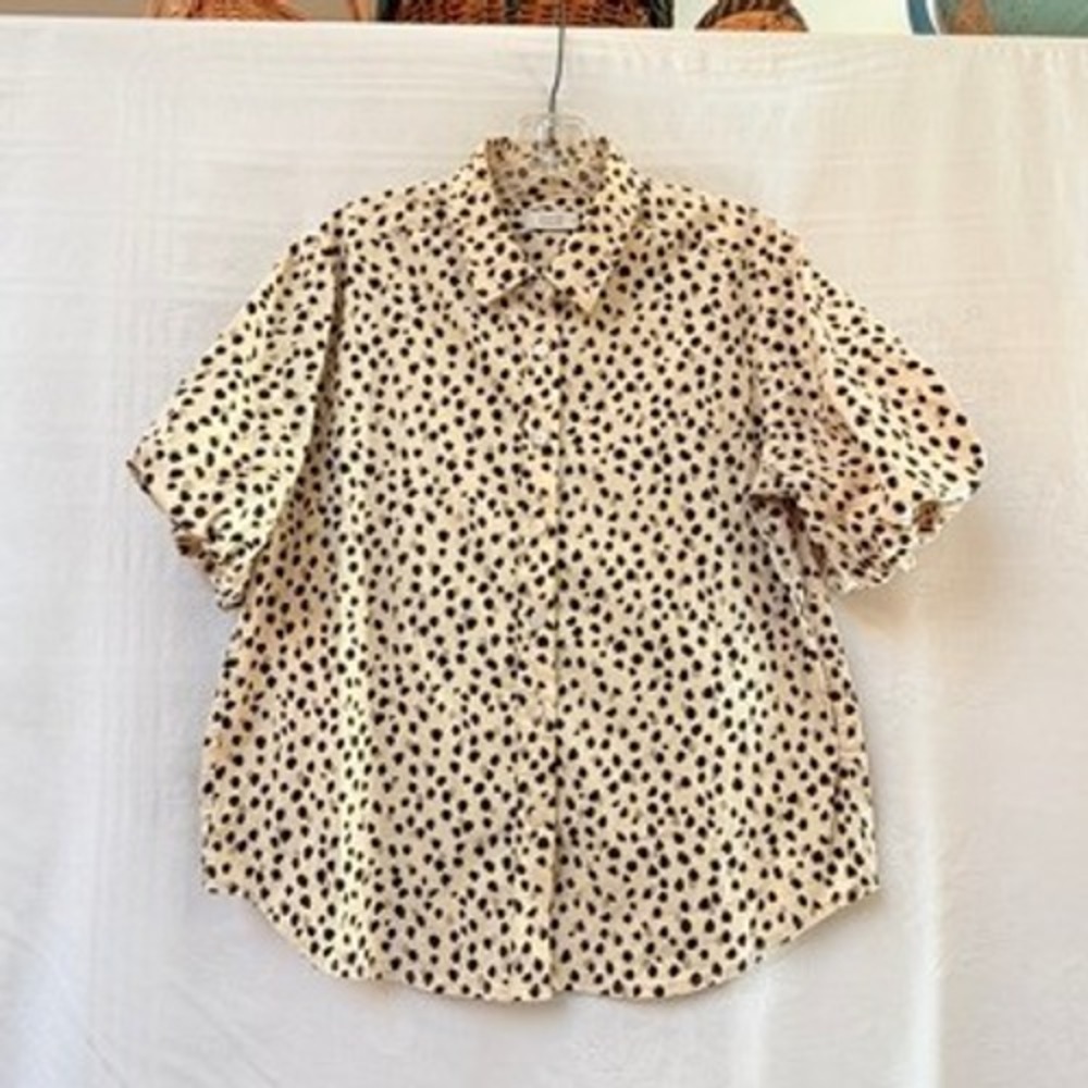 AYR Dalmatian Print Puff Sleeve Button Down Shirt Tan Black Womens Medium Puff